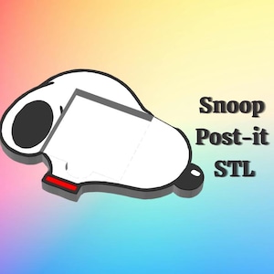 Peut inclure: Un sifflet blanc et noir de style dessin animé avec un accent rouge. Le texte "Snoop Post-it STL" est affiché en noir, indiquant une conception imprimable en 3D. Le fond est un dégradé de rose, de jaune et de bleu.