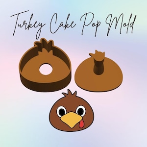 May include: Brown turkey cake pop mold with a turkey head graphic. The mold includes a turkey head-shaped cutter, a round cutter, and a turkey head graphic with a yellow beak and red wattle. Text reads "Turkey Cake Pop Mold."