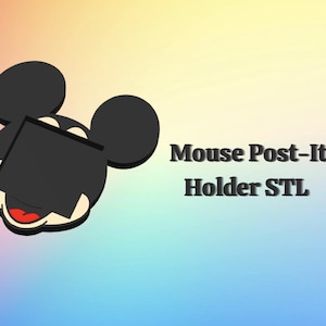 Pode incluir: Um suporte para Post-It em forma de Mickey Mouse preto e branco com boca vermelha. O suporte tem uma abertura quadrada para os Post-Its. O texto "Mouse Post-It Holder STL" é exibido em preto.