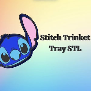 May include: A blue cartoon character with large ears and eyes, set against a colorful gradient background. The text "Stitch Trinket Tray STL" is displayed in a bold font, suggesting a themed product.