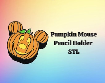 May include: An orange pumpkin-shaped pencil holder with a smiling face and Mickey Mouse ears. The text "Pumpkin Mouse Pencil Holder STL" is displayed in black. The background has a gradient of pink, yellow, and blue.