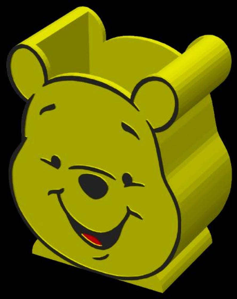 May include: A 3D-rendered yellow Winnie the Pooh head, smiling with a red tongue visible. The design features rounded ears and a boxy base, set against a black background. The cartoon character is a cheerful design.
