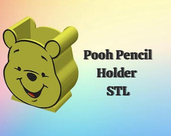 May include: A 3D-printed pencil holder shaped like Winnie the Pooh's face, in a light yellow color with black outlines. The text "Pooh Pencil Holder STL" is displayed on the right side of the image.