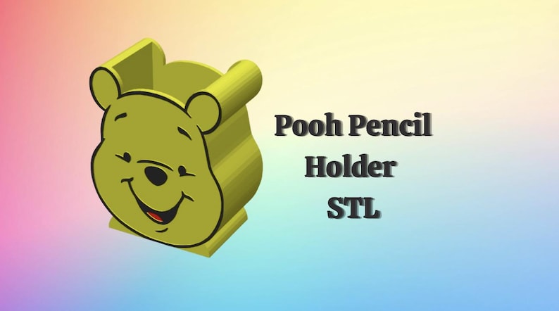 May include: A 3D-printed pencil holder shaped like Winnie the Pooh's face, in a light yellow color with black outlines. The text "Pooh Pencil Holder STL" is displayed on the right side of the image.