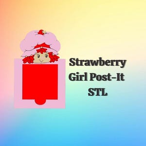 Op de afbeelding: Een kleurrijke afbeelding met een Strawberry Girl Post-it. Het ontwerp bevat een cartoon aardbeienmeisje met een roze muts en rood haar. De Post-it is rood met de tekst "Strawberry Girl Post-It STL".