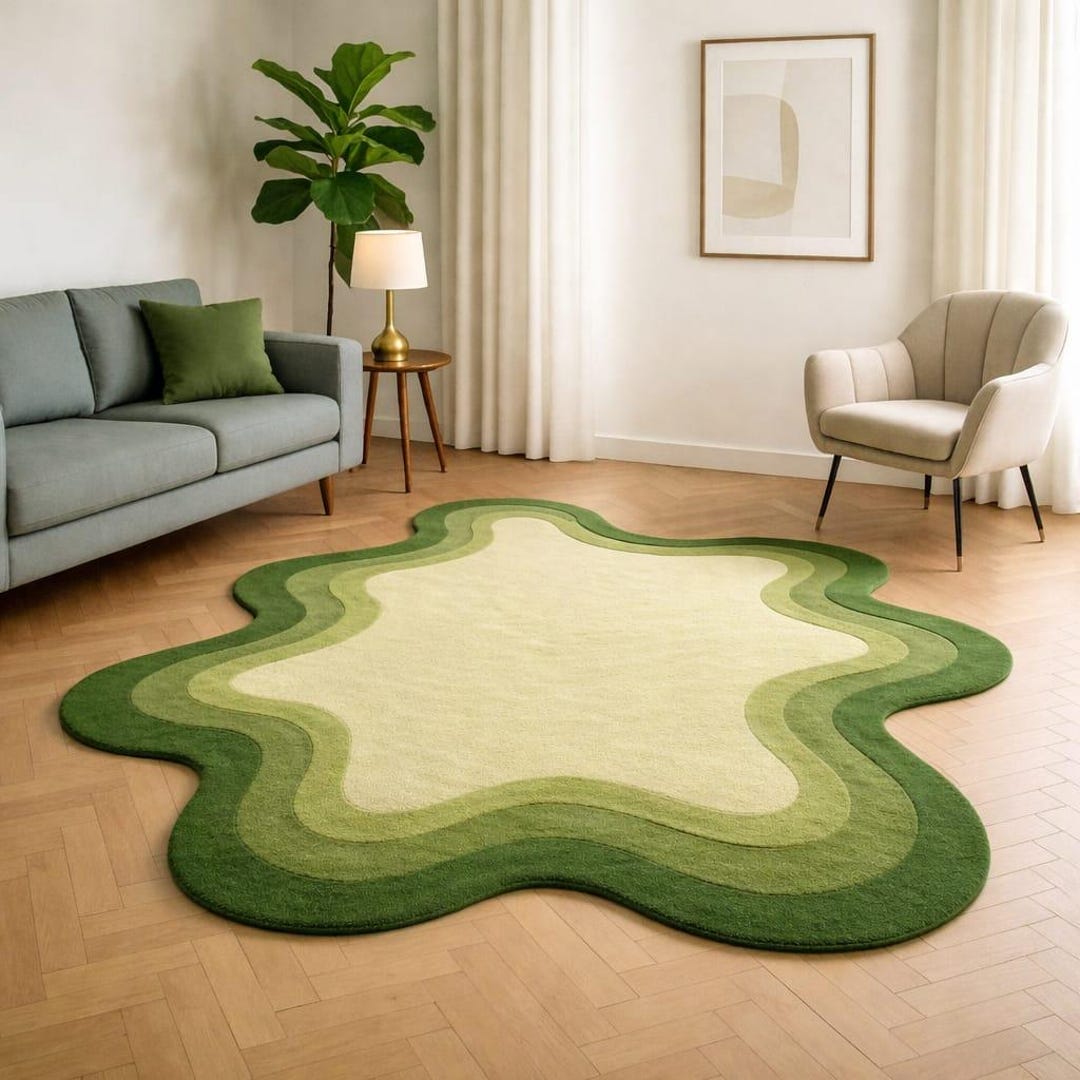 Hand Tufted Organic Shape Area Rug | Modern Green & Mustard Wool Carpet ...