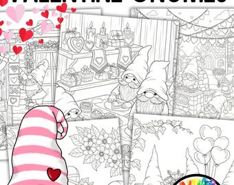 May include: A collection of coloring pages featuring Valentine gnomes. The pages are black and white line drawings with various scenes, including gnomes holding hearts, surrounded by flowers, and in festive settings. The text "10 Detailed Pages Valentine Gnomes" is at the top.