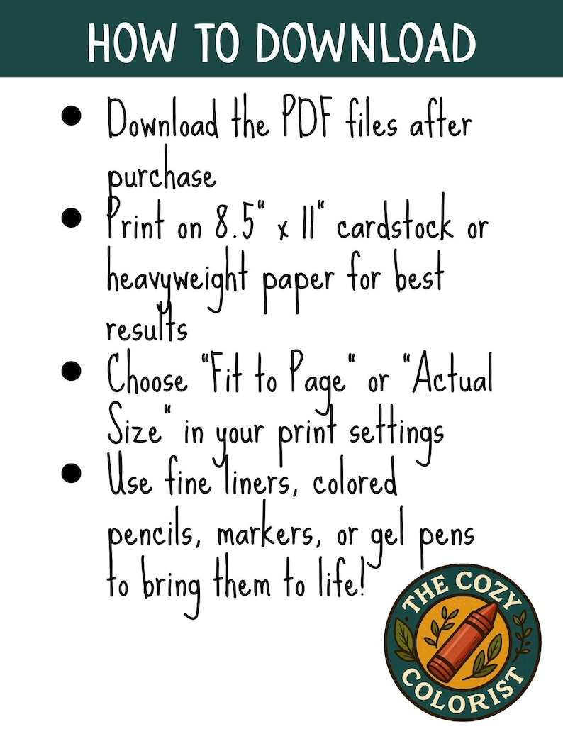 May include: A white background with black text that reads "HOW TO DOWNLOAD" and instructions for downloading and printing PDF files. The Cozy Colorist logo is in the bottom right corner, featuring a red crayon.
