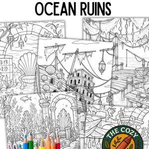 May include: A collection of five detailed coloring pages with an ocean ruins theme, featuring illustrations of shipwrecks, underwater scenes, and architectural ruins. The title "5 DETAILED PAGES OCEAN RUINS" is displayed at the top. A set of colored pencils is at the bottom.