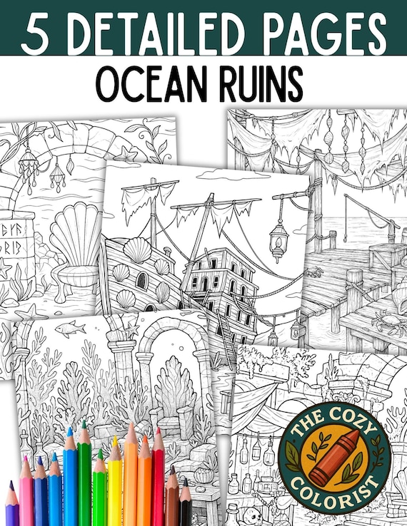 Dystopian Beach Coloring Pages: Mermaid Pirate Fantasy (PDF Download)