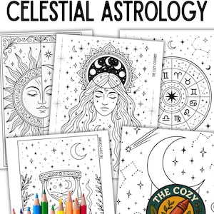 Puede incluir: Una colecci&oacute;n de p&aacute;ginas para colorear de Astrolog&iacute;a Celestial con ilustraciones detalladas de cuerpos celestes, signos del zodiaco y figuras m&iacute;sticas. La imagen incluye una variedad de l&aacute;pices de colores y el texto "10 Detailed Pages Celestial Astrology". El logotipo de The Cozy Colorist tambi&eacute;n es visible.