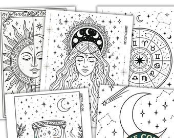 10 Celestial Astrology Coloring Pages | 10 Mystical Printable Coloring Sheets | Moons, Crystals, Stars & Cosmic Art | Self Care Activity