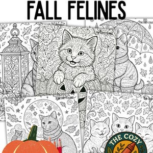 Fall Cats Coloring Pages | Autumn Cat Printable Coloring Book | Halloween Thanksgiving Adult & Teen Coloring Sheets PDF Download