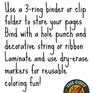 Puede incluir: Fondo blanco con el texto "BINDING SUGGESTIONS". Las instrucciones incluyen el uso de una carpeta de 3 anillas, una perforadora, una cuerda decorativa y rotuladores de borrado en seco. Un logotipo circular con un cray&oacute;n y el texto "THE COZY COLORIST" est&aacute; en la esquina inferior derecha.