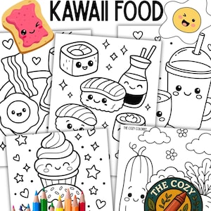 Könnte beinhalten: Eine Sammlung von fünf detaillierten Malvorlagen mit Kawaii-Food-Illustrationen. Die Seiten zeigen Sushi, einen Cupcake, ein Spiegelei und einen Kürbis. Der Text "5 DETAILED PAGES KAWAII FOOD" steht oben. Unten befindet sich ein Satz Buntstifte.