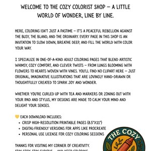 Puede incluir: Imagen promocional de la tienda The Cozy Colorist, con informaci&oacute;n sobre p&aacute;ginas para colorear para adultos. La imagen incluye un logotipo con un l&aacute;piz de color y hojas, y detalles sobre p&aacute;ginas imprimibles y versiones digitales.