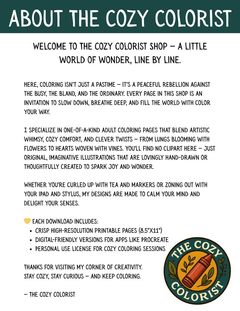 Puede incluir: Imagen promocional de la tienda The Cozy Colorist, con informaci&oacute;n sobre p&aacute;ginas para colorear para adultos. La imagen incluye un logotipo con un l&aacute;piz de color y hojas, y detalles sobre p&aacute;ginas imprimibles y versiones digitales.