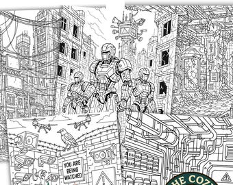Dystopian Coloring Pages for Adults – Printable Sci-Fi & Post-Apocalyptic Coloring Book | Cyberpunk, Bunker, Surveillance Art