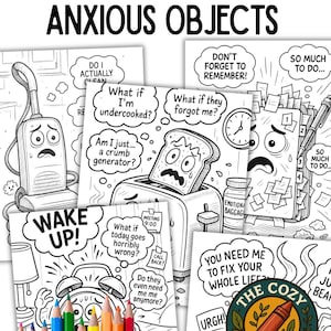 Páginas para colorear de objetos que generan ansiedad para adultos / Arte lineal divertido y fácil de entender / Tostadora, aspiradora y despertador que te hacen pensar demasiado / Set de 5 páginas imprimibles en PDF