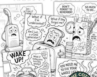 5 Anxious Objects Coloring Pages: Funny Overthinking Toaster, Vacuum (5-Page PDF Printable Set)