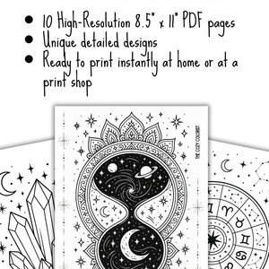 Puede incluir: P&aacute;ginas para colorear imprimibles en blanco y negro con dise&ntilde;os celestiales y astrol&oacute;gicos. La imagen incluye un reloj de arena, cristales y s&iacute;mbolos del zodiaco. El texto dice: "QU&Eacute; INCLUYE: 10 p&aacute;ginas PDF de alta resoluci&oacute;n de 21,6 cm x 28 cm, dise&ntilde;os detallados &uacute;nicos, listos para imprimir."