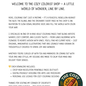 May include: A promotional image for The Cozy Colorist shop, featuring text about adult coloring pages. The image includes a logo with a crayon and leaves, and details about printable pages and digital versions.