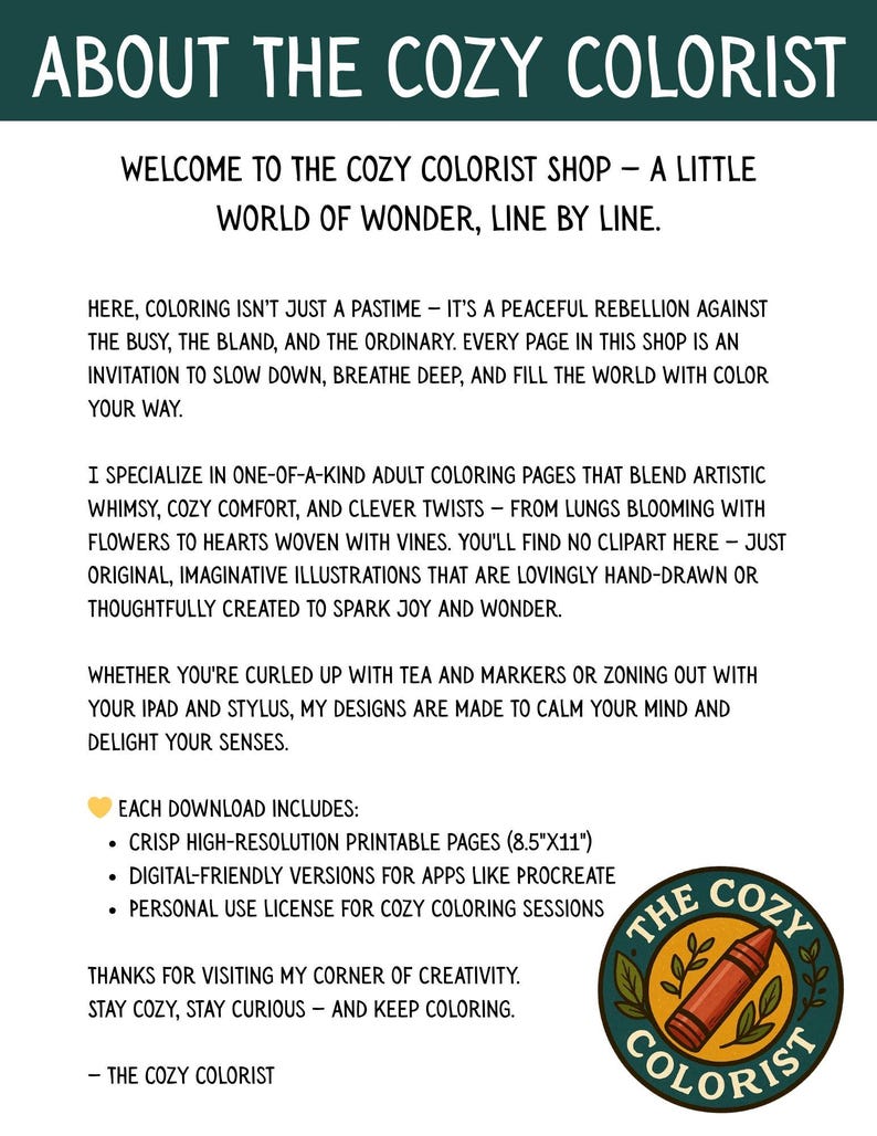 May include: A promotional image for The Cozy Colorist shop, featuring text about adult coloring pages. The image includes a logo with a crayon and leaves, and details about printable pages and digital versions.