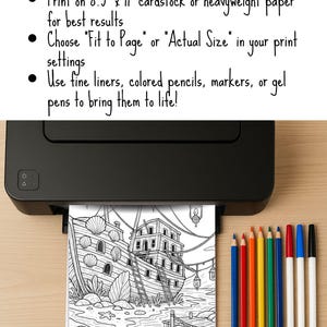 May include: A black and white line drawing of a shipwreck is being printed from a black printer. The image is accompanied by colored pencils and markers. Text on the image instructs users to download PDF files, print on 8.5" x 11" paper, and use colored pencils.