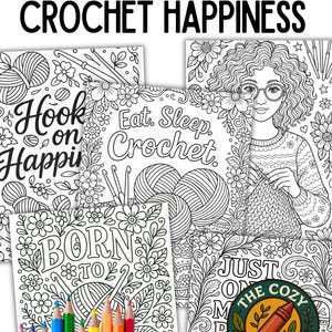 May include: A collection of five detailed coloring pages with the text "5 Detailed Pages Crochet Happiness." The pages feature crochet-themed illustrations, including yarn balls, crochet hooks, and floral designs. A set of colored pencils is visible at the bottom.