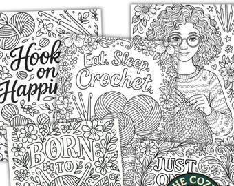 5 páginas para colorear de crochet: Set imprimible de arte con hilo (Descarga digital en PDF)