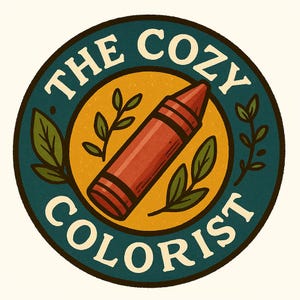 May include: A circular illustration featuring the text "THE COZY COLORIST" in white, arched around a central design. Inside, a red crayon is set against a yellow circle, with green leaf sprigs. The background is teal.