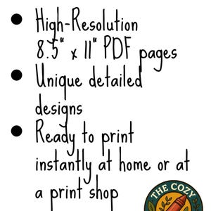Puede incluir: Fondo blanco con el texto "QU&Eacute; INCLUYE" en la parte superior. Debajo, vi&ntilde;etas enumeran: p&aacute;ginas PDF de alta resoluci&oacute;n de 21,6 cm x 28 cm, dise&ntilde;os &uacute;nicos y detallados, y Listo para imprimir instant&aacute;neamente en casa o en una imprenta. Un logotipo est&aacute; en la parte inferior derecha.