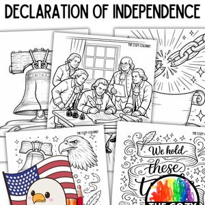 May include: A collection of ten detailed coloring pages featuring illustrations related to the Declaration of Independence. The images include the Liberty Bell, historical figures, and patriotic symbols. The text "10 Detailed Pages Declaration of Independence" is displayed at the top.