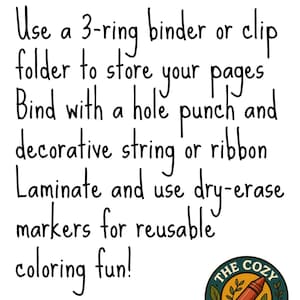 May include: White background with the text "BINDING SUGGESTIONS". Instructions include using a 3-ring binder, hole punch, and dry-erase markers. A circular logo with a crayon and the text "THE COZY COLORIST" is in the bottom right corner.