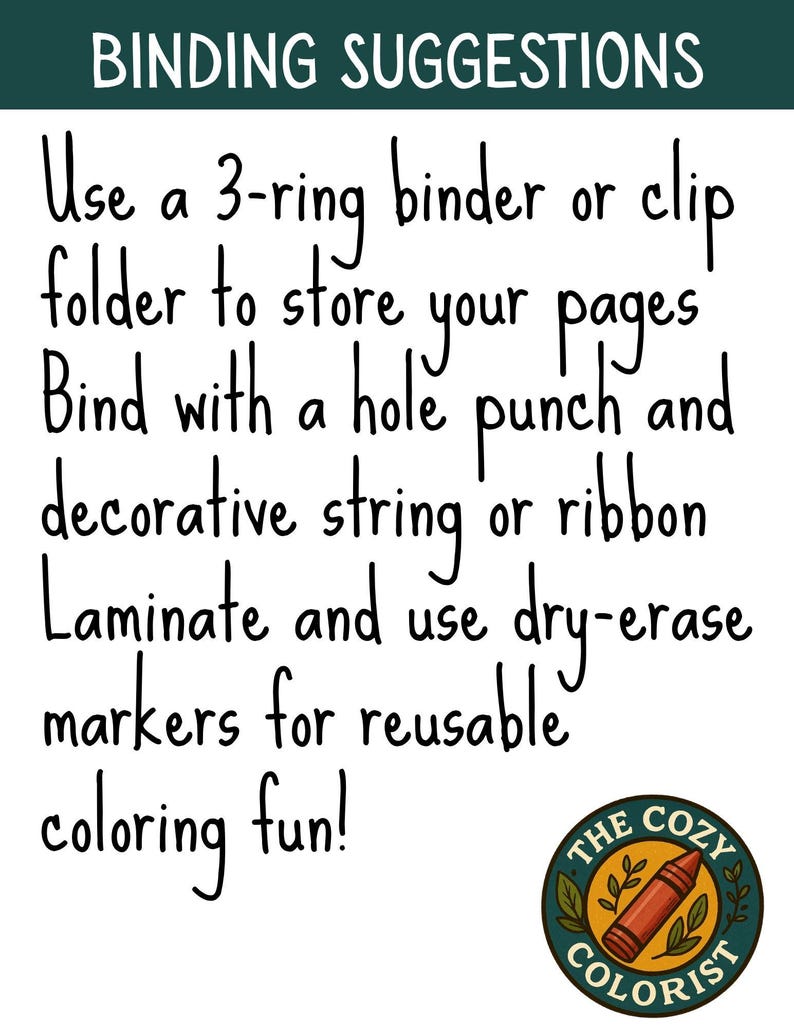 May include: White background with the text "BINDING SUGGESTIONS". Instructions include using a 3-ring binder, hole punch, and dry-erase markers. A circular logo with a crayon and the text "THE COZY COLORIST" is in the bottom right corner.