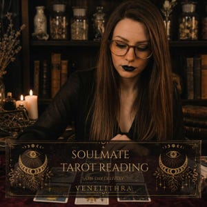 Könnte beinhalten: Eine Person mit langen braunen Haaren und Brille sitzt an einem Tisch, vor sich Tarotkarten ausgebreitet. Das Bild zeigt den Text "SOULMATE TAROT READING" und "VENELITHRA". Der Hintergrund umfasst Kerzen, Bücher und Gläser.