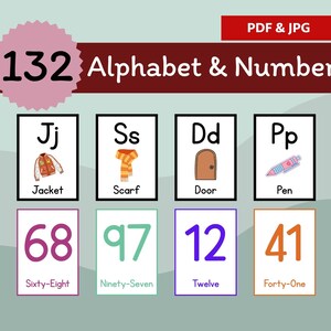 May include: Educational flashcards featuring the alphabet and numbers. The cards display letters with corresponding images like a jacket and scarf, and numbers with their written forms, such as "Sixty-Eight" and "Twelve". The image includes the text "PDF & JPG".