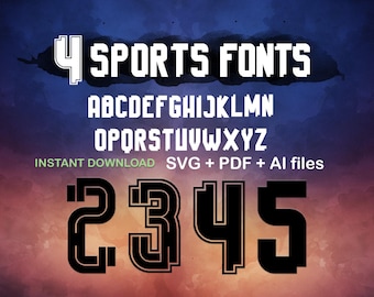 May include: Digital graphic design featuring four sports fonts. The image displays the alphabet and numbers 2, 3, 4, and 5 in a bold, blocky style. The text "4 SPORTS FONTS" is at the top, with "INSTANT DOWNLOAD SVG + PDF + AI files" below.