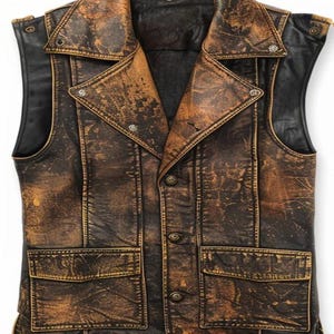 Men&#39;s Distressed Leather Biker Vest | Vintage Brown Sleeveless Motorcycle Waistcoat | Rocker Western Punk Style