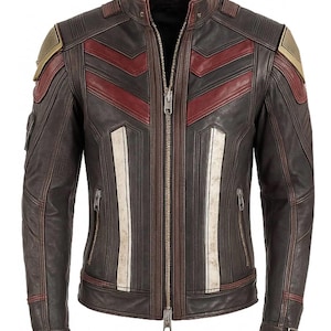 Men&#39;s Leather Jacket | Biker Cosplay Costume | Brown & Red Motorcycle Jacket | Distressed Retro Biker Style