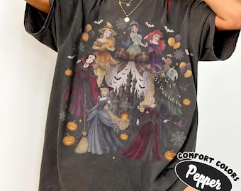 Camiseta de Halloween de princesas Disney con lazo retro Comfort Colors®, camiseta de Halloween del castillo mágico, camiseta de princesas de Disneyland, viaje familiar a WDW