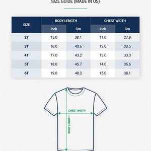 May include: A Gildan 5100P toddler heavy cotton t-shirt size guide chart. The table lists sizes 2T through 6T with corresponding body length and chest width measurements in inches and centimeters. A line drawing of a t-shirt shows measurement points.