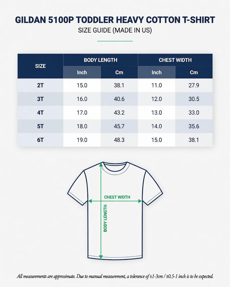 May include: A Gildan 5100P toddler heavy cotton t-shirt size guide chart. The table lists sizes 2T through 6T with corresponding body length and chest width measurements in inches and centimeters. A line drawing of a t-shirt shows measurement points.