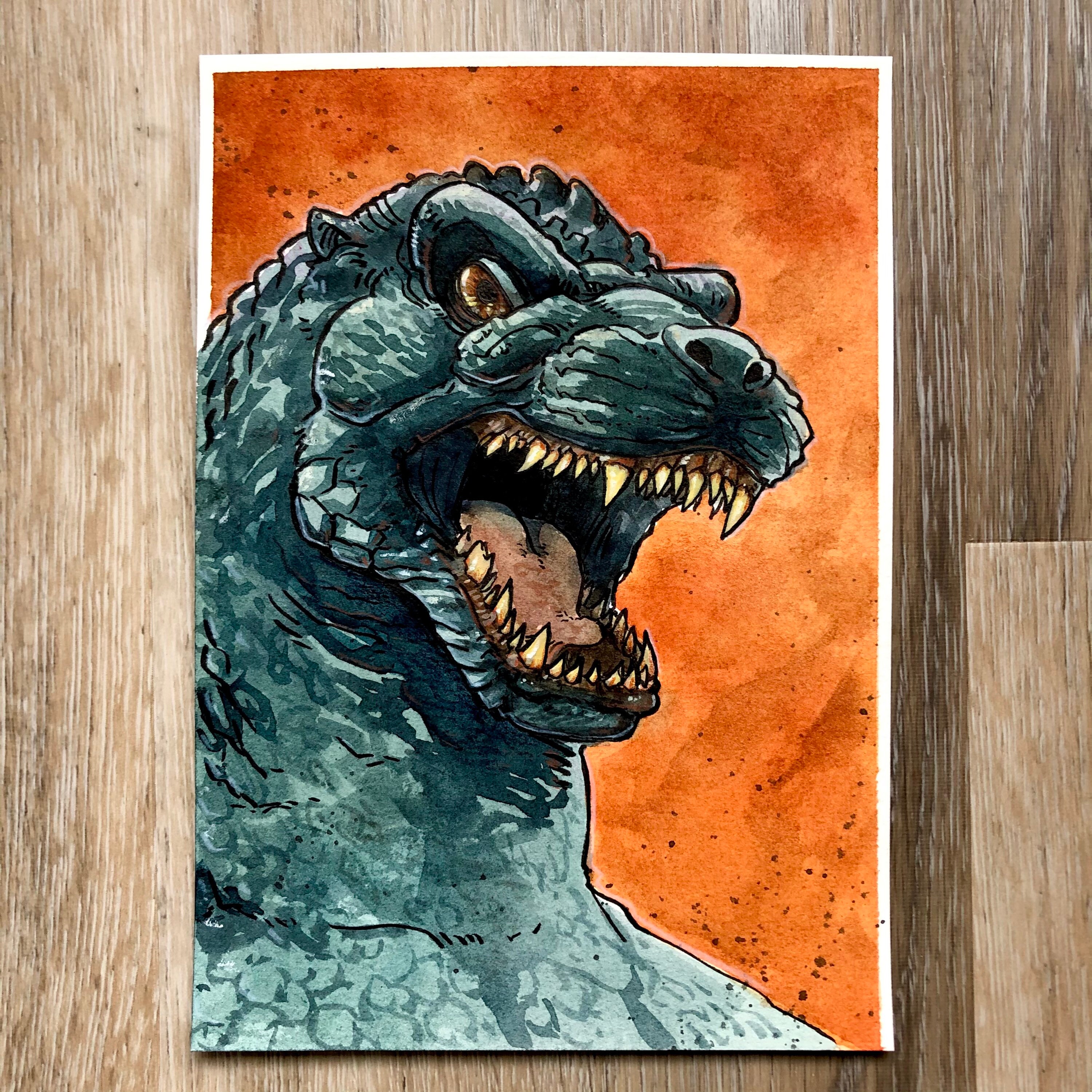 Small Painting Original 5x7 Watercolor Heisei Godzilla | Etsy
