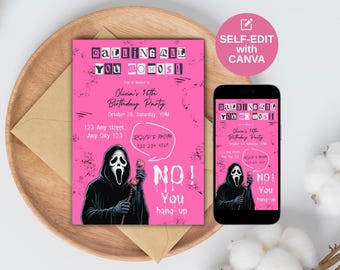 Halloween Burn Book Birthday Invitation Template Editable Scream inspired Halloween Birthday Invites Pink Ghost Face Girls Night Out Invites