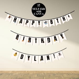 May include: White banner set with black text that reads "HAPPY 8TH BIRTHDAY DYLAN!". The banners are decorated with cartoon characters. The image includes a black circle with the text "SELF-Edit with CANVA".
