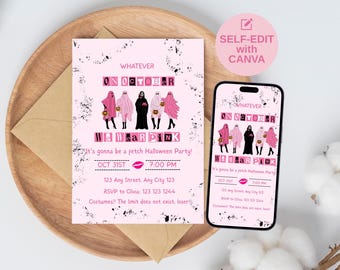Editable Mean Girls Halloween Party Invitation Template Girls Night Out Pink Burn Book Party Invite Pink Mean Girls Ghost Face theme Party