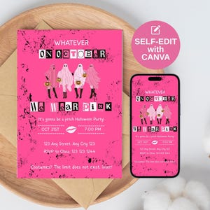May include: A pink Halloween party invitation with the text "Whatever, On October, We Wear Pink." The invitation features illustrations of ghosts and the text "It's gonna be a fetch Halloween Party!" displayed on a wooden tray.