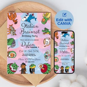 May include: A birthday party invitation with the text "Italian Brainrot Birthday Party" and "Dylan is turning 7". The design features cartoon characters and a colorful background. A smartphone displays the same design.