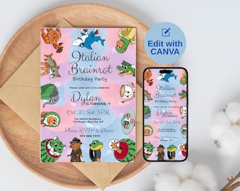 Italian Brainrot Birthday Invitation Template Editable Viral Funny Meme inspired Birthday Invite Pastel Colored Brainrot for Kids Party IBR1